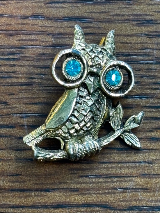 Jewelry - Vintage Gold Tone Wise Owl Brooch Pin Aqua Blue Rhinestone Eyes Glasses 1.5"